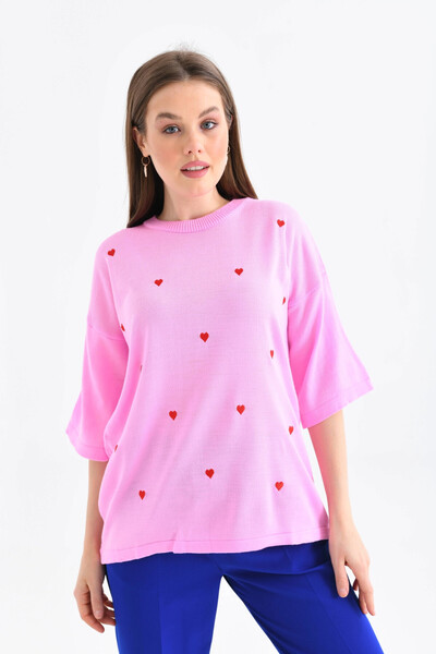 Park Karon Women's Crew Neck Short Sleeve Heart Embroidered Knit Sweater 10164