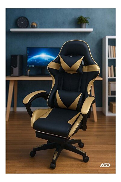 AGD كرسي مكتب وألعاب مزود بمساند للذراعين والقدمين، قابل للإمالة والدوران، أسود/ذهبي