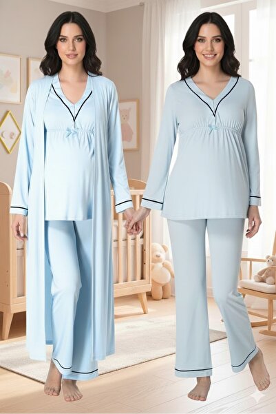 LOHOUSE طقم بيجامة نسائي مكون من حواف أسطوانية قطع بأكمام طويلة للحوامل من 3 قطع