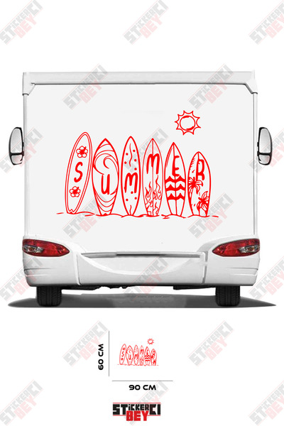 STİCKERCI BEY Summer Written on the Caravan with a Surfboard Sticker Coating