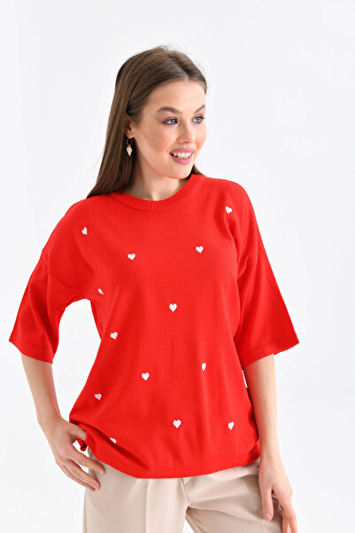 Park Karon سترة نسائية تريكو بياقة دائرية وأكمام قصيرة مطرزة على شكل قلب 10164