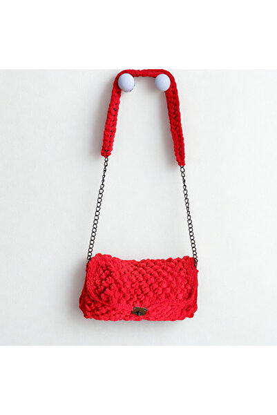 madame leman Handmade Plush Knitted Cover Women's Shoulder Bag Red