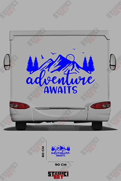 STİCKERCI BEY ملصق كارافان مزين بصورة جبل وشجرة مع عبارة 'المغامرة تنتظر'