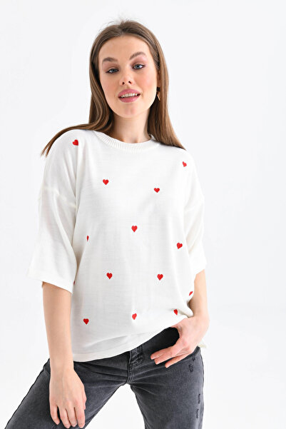 Park Karon سترة نسائية تريكو بياقة دائرية وأكمام قصيرة مطرزة على شكل قلب 10164