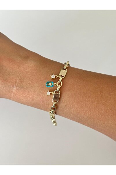 Charmist 14K Çelik Üzeri Altın Kaplama Mavi Yıldız Çift Zincir Bileklik