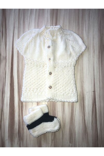 MOR TIRTIL Hand-Knitted White Baby Girl Vest with Booties as a Gift