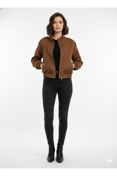 Robin D99806 Cep Detaylı Oversize Kısa Süet Kadın Mont