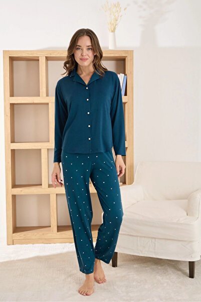 Pijamoni طقم بيجامة نسائي فاخر من قماش ميلان بياقة قميص باللون الأخضر البترولي