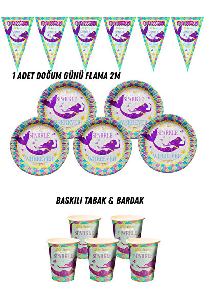 HAPPYLOOPPARTY Mermaid 40-Person Plate, Cup, Pennant Flag Birthday Set