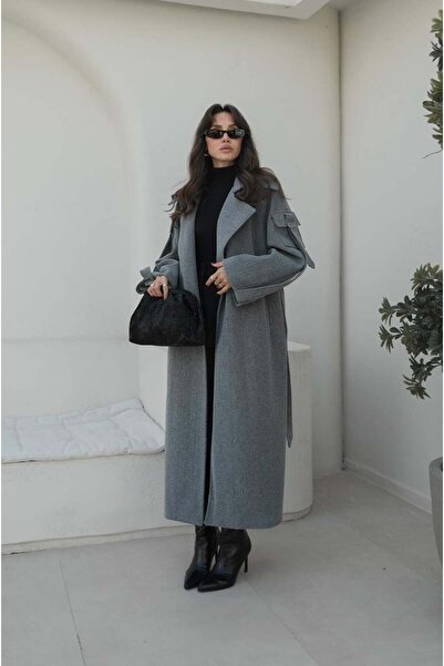 Julidress Dark Gray Belted Sleeve Detailed Oversized (Bol) Lined Premium Long Cashmere Coat