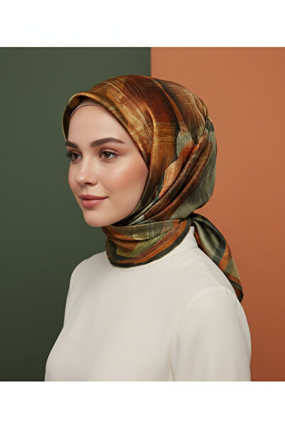 Levidor 90x90 İpek Görünümlü Kahverengi - Siyah - Haki Kristal Eşarp – Kaymayan Twill Şık Tasarım