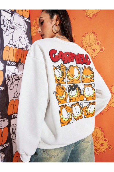 WESTİMO Kadın Beyaz Garfield Baskılı Oversize Bisiklet Yaka Sweatshirt