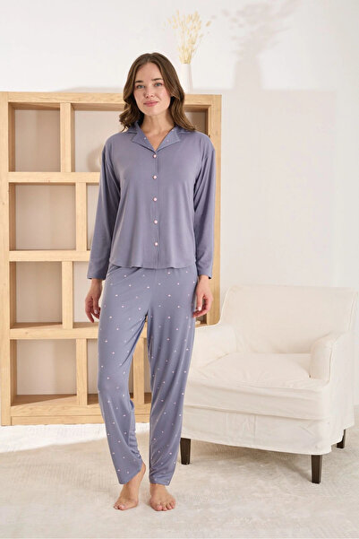 Pijamoni Women's Premium Milan Fabric Shirt Collar Dark Lilac Pajama Set
