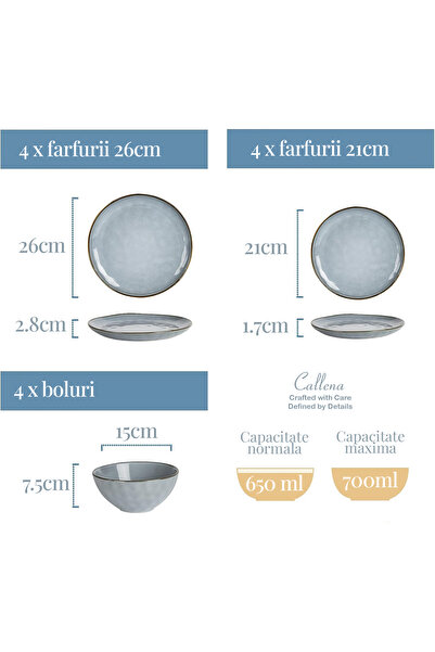 Callena Serviciu de masă cu 12 piese, ceramică, albastru cu margini maro-aurii, vintage, Belle Époque