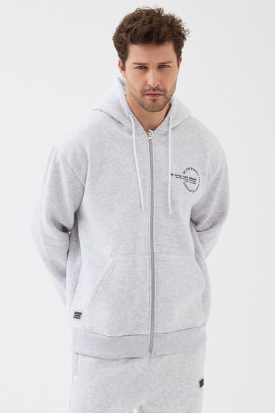 EXPIER Unisex Kapüşonlu Fermuarlı Cepli Relax Fit Baskılı Düz Sweatshirt