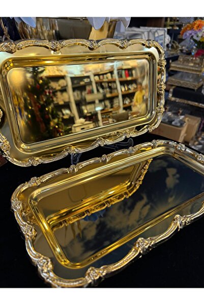 LOKMAN ZÜCCACİYE SHOWROOM 1 ADET ÇELİK GOLD TEPSİ GOLD GÜL ŞERİTLİ BATON KAHVE ÇAY SUNUM SERVİS TEPSİSİ 33 CM