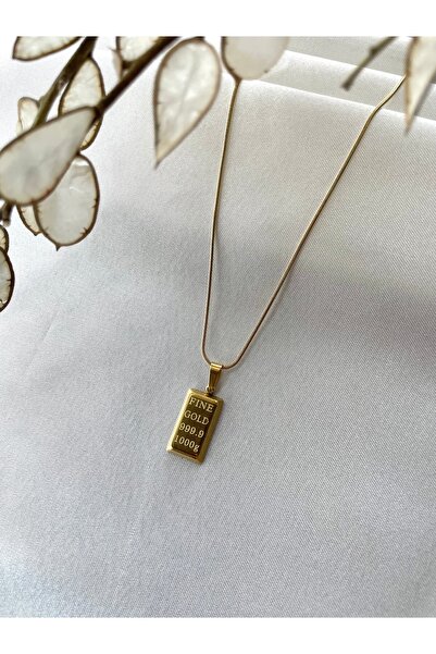 Modesa bijuteri Gold Renk Çelik Külçe Altın Tasarım Kolye-Kutulu Gönderim