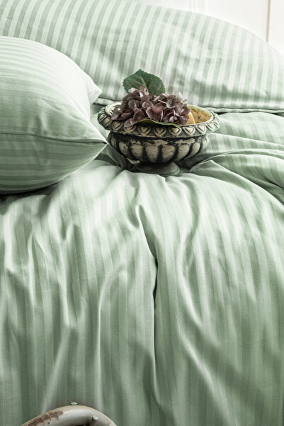 True Home Collection Μονό Ριγέ Σατέν Σετ παπλωματοθήκης Νεροπράσινο, Γυαλιστε...