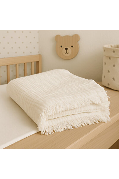 Heianmono Kids 4 Katlı Krem Rengi %100 Pamuk Müslin Saçaklı Bebek Battaniye (...