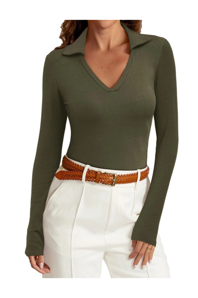 OEM Women's summer fitted blouse, long sleeve, V-neck, green 2XL