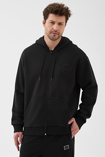 EXPIER Unisex Kapüşonlu Fermuarlı Cepli Relax Fit Baskılı Düz Sweatshirt