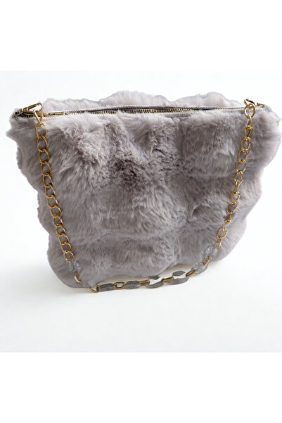 madame leman Handmade Gray Plush Women's Shoulder Bag – Stylish Design with C...