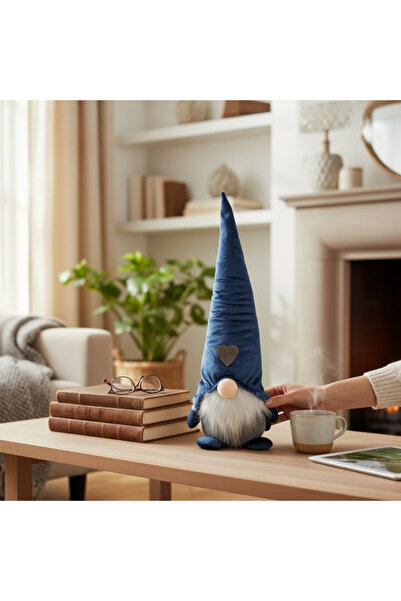 LOVE Noel Dekoratif Figürü Noel Baba Cüce Gri Gövde Mavi Şapka 48cm