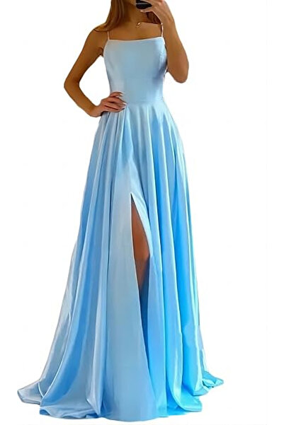 OEM Elegant long satin dress, sleeveless, high waist, light blue S