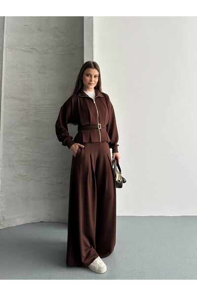 trivvy طقم سترة نسائية بحزام وساق واسعة مع سحاب