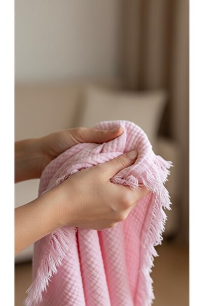 Heianmono Kids 4 Layered Pink Color 100% Cotton Muslin Fringed Baby Blanket (...