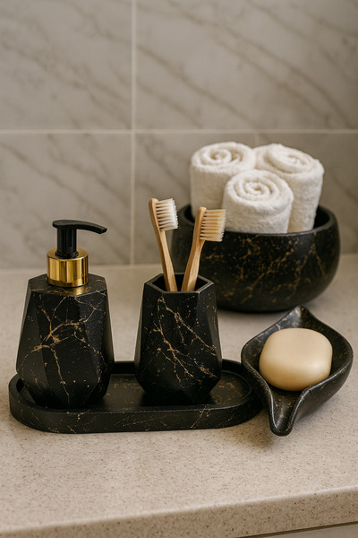 Zigzag Home Set de baie decorativ din 5 piese cu model de marmură, geometric, dozator de săpun lichid/solid, suport pentru periuță de dinți, tavă, suport pentru prosoape