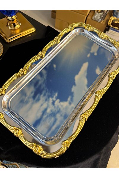 LOKMAN ZÜCCACİYE SHOWROOM 3 ADET GOLD DÖKÜM AYAKLI BATON GÜMÜŞ TEPSİ GOLD DÖKÜM GÜL ÇERÇEVELİ SUNUM KAHVE ÇAY TEPSİSİ 33 CM