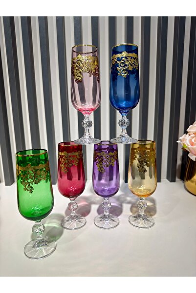 Vakıf home Bohemia Kristal El İşi Kahve Yanı Su Bardağı 24 K Fırça Yaldız Renkli