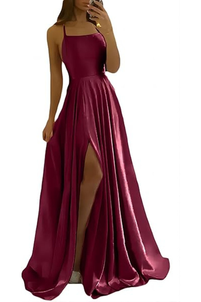 OEM Elegant long satin dress, sleeveless, high waist, red M