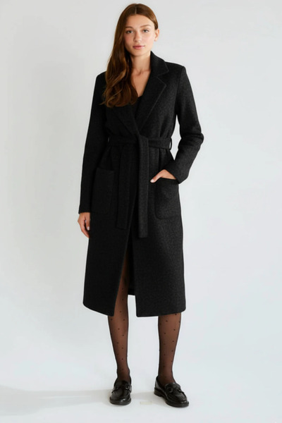 cemo Bağlama Kemerli Ve Yama Cepli Uzun, Dokulu Kruvaze Kaban