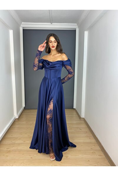 gökkuşagı moda Lacivert Saten Kayık Yaka Uzun Kollu Dantel Detaylı Uzun Abiye...