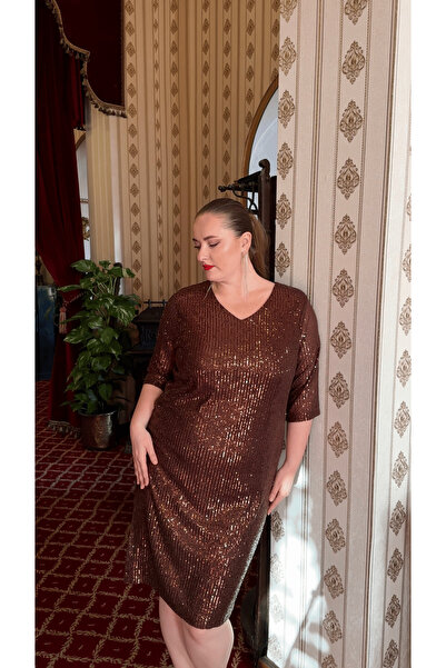 RMG Sequined Plus Size Evening Dress Brown