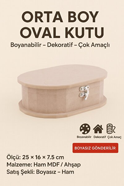 Eymen Hobi Orta Boy Oval Ham Ahşap Kutu 25x16x7,5 cm | Boyanabilir Kapaklı De...