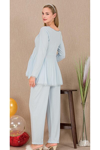 MOPİ Long Sleeve 3-Piece Maternity/Postpartum Set with Robe and Lace