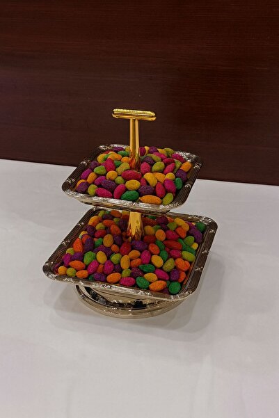 ALMASA شيال مكسرات مدور 2دور ارتفاع ٢٠سم مقاس الصحن الكبير ١٦سم الصحن الصغير ١٣سم فضي مع ذهبي