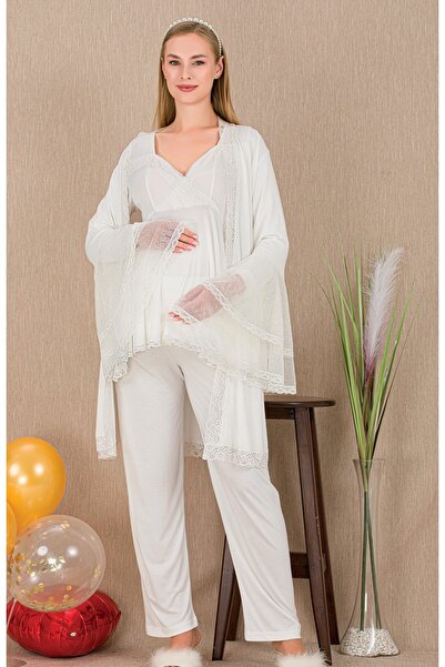 MOPİ 3-Piece Maternity and Postpartum Set with Dressing Gown and Lace Long Sleeves