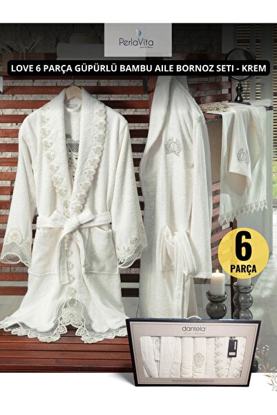 Dantela Love 6 Parça Güpürlü Bambu Aile Bornoz Seti - Krem