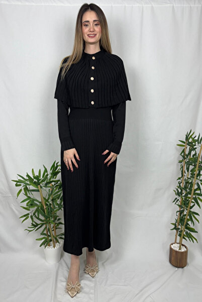 Aylin Taştan Butik Kadın Pliseli Triko Panço Elbise Takım