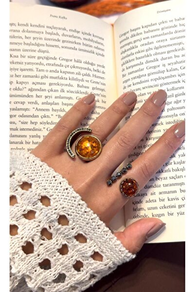 Ceso Accesories خاتم برونزي مزدوج قابل للتعديل مع حجر كهرمان بلون العسل