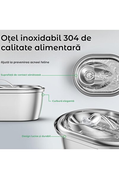 NEXTWAVE fântână de apă, pisici și câini, oțel inoxidabil 304, USB-C, filtrare cu cărbune activ, model rotund