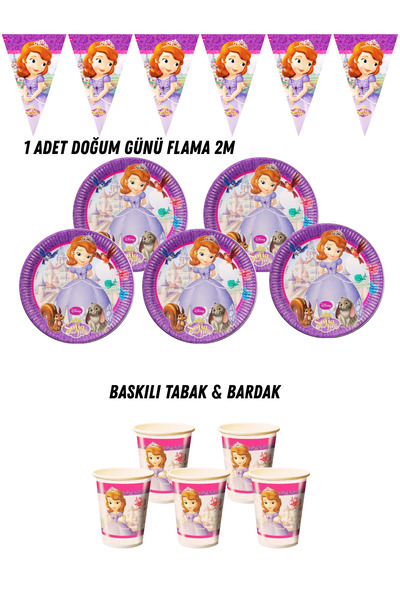 HAPPYLOOPPARTY Prenses Sofia Sofya 16 Kişilik Tabak , Bardak , Flama Bayrak D...