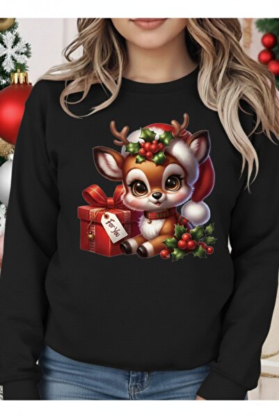 one button Unisex New Year's Cute Deer and Gift Package Design Crew Neck Regu...