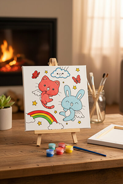 RenkliİzlerAtölyesi Çocuk Tuval Boyama Seti (Kedi ve Tavşan)
