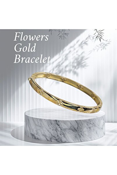 Sln Gümüş Çiçek Desen 14K Altın Kaplama Gümüş Kelepçe Bileklik