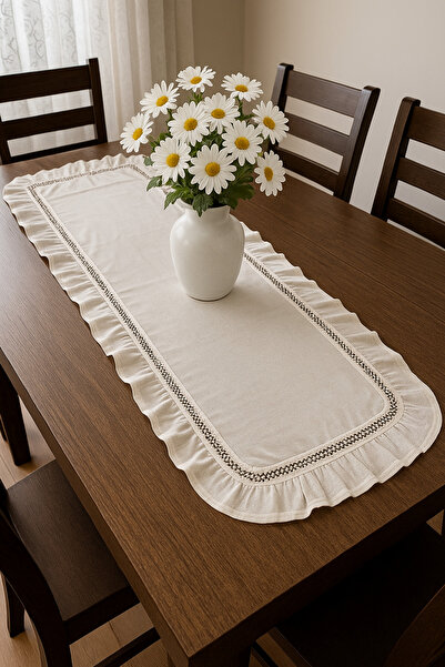 WEXSA Naturel bumbac 100% Recycle Linen, țesătură naturală spălată, Runner cu volane, Runner cu model etnic ecru